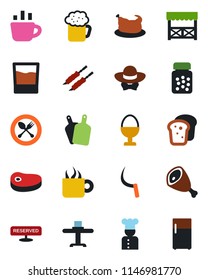 Color and black flat icon set - spoon and fork vector, coffee, sickle, pills bottle, cook, restaurant table, reserved, drink, beer, egg stand, bread, dress code, alcove, chicken, steak, kebab, ham