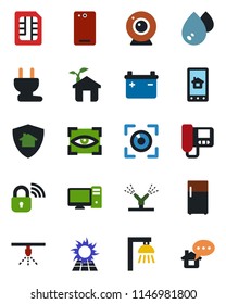 Color and black flat icon set - phone back vector, sim, eco house, power plug, wireless lock, irrigation, web camera, intercome, pc, home control app, water, outdoor lamp, eye scan, protect, fridge