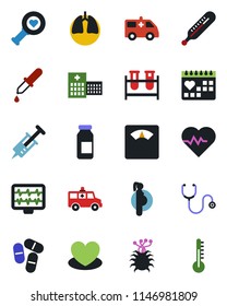 Color and black flat icon set - heart vector, pulse, monitor, stethoscope, syringe, blood test vial, dropper, thermometer, diagnostic, scales, pills, ampoule, ambulance car, lungs, medical calendar