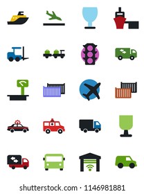 Color and black flat icon set - arrival vector, airport bus, alarm car, fork loader, baggage larry, ambulance, plane, traffic light, sea shipping, cargo container, delivery, port, fragile, moving