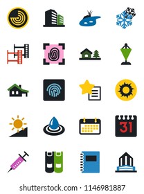Color and black flat icon set - radar vector, book, pennant, sun, syringe, term, film frame, favorites list, calendar, brightness, fingerprint id, copybook, house with garage, tree, pond, snowflake