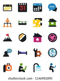Color and black flat icon set - bed vector, shower, hierarchy, house, seedling, term, shield, camera, network, dialog, speaker, calendar, root setup, cheese, motivation, man with notebook