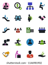 Color and black flat icon set - escalator vector, baby room, handshake, team, meeting, run, hospital, doctor, pregnancy, client, speaker, user, hr, group, money search, hierarchy, man with notebook