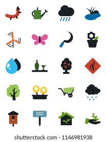 Color and black flat icon set - flower in pot vector, tree, watering can, wheelbarrow, butterfly, water drop, rain, sickle, plant label, caterpillar, pond, bird house, windmill, fruit, alcohol, eco