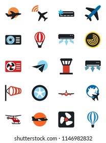 Color and black flat icon set - plane vector, airport tower, radar, wind, helicopter, globe, air conditioner, fan, paper, balloon