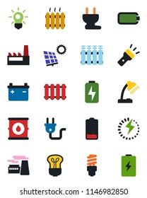 Color and black flat icon set - factory vector, oil barrel, low battery, torch, charge, desk lamp, sun panel, heater, power plug, radiator, bulb, energy saving