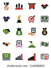 Color and black flat icon set - handshake vector, growth statistic, pedestal, medal, money bag, document, cash, bar graph, target, motivation, pennon, certificate