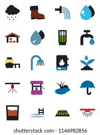 Color and black flat icon set - watering vector, boot, water drop, rain, well, pond, sea port, umbrella, pool, supply, warehouse, bathroom, drink, irrigation, heater, warm floor, sprinkler