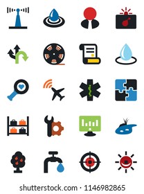Color and black flat icon set - plane radar vector, bomb in case, luggage storage, statistic monitor, contract, water drop, heart diagnostic, ambulance star, route, reel, antenna, application, pond