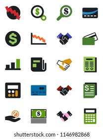 Color and black flat icon set - credit card vector, handshake, dollar sign, crisis graph, receipt, news, calculator, bar, contract, money search, investment, cash