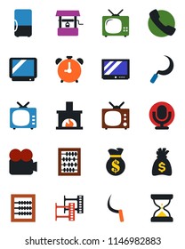 Color and black flat icon set - alarm clock vector, abacus, money bag, well, sickle, film frame, tv, video camera, microphone, call, fireplace, fridge, sand