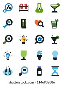 Color and black flat icon set - bulb vector, blood test vial, heart diagnostic, ampoule, fragile, search cargo, estate, drink, cocktail, phyto bar, energy saving, consumer, idea, flask, sand clock