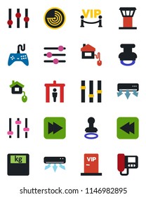 Color and black flat icon set - airport tower vector, security gate, stamp, radar, scales, gamepad, settings, fast forward, rewind, tuning, air conditioner, vip zone, home control, intercome