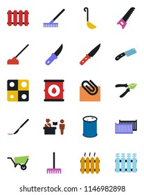 Color and black flat icon set - passport control vector, rake, wheelbarrow, pruner, saw, hoe, garden knife, scalpel, cargo container, oil barrel, application, paper clip, heater, ladle, radiator
