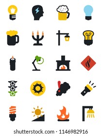 Color and black flat icon set - brainstorm vector, bulb, fire, sun, garden light, traffic, torch, brightness, desk lamp, fireplace, beer, candle, smoke detector, energy saving, outdoor
