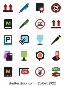 Color and black flat icon set - parking vector, no mobile, laptop, pen, stamp, plant label, fragile, up side sign, sd, cut, sertificate, sale, menu, open close