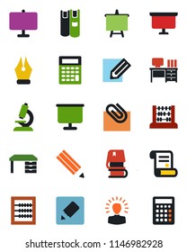 Color and black flat icon set - abacus vector, desk, presentation board, pencil, contract, microscope, notes, paper clip, ink pen, book, shining head, calculator