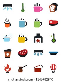 Color and black flat icon set - hot cup vector, coffee, fire, fireplace, air conditioner, bread, steak, bowl, steaming pan, turkish, thermometer, balloon