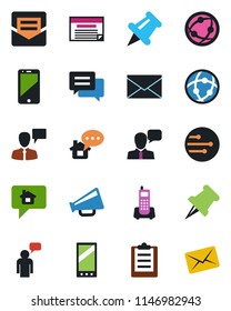 Color and black flat icon set - speaking man vector, mail, office phone, loudspeaker, network, cell, speaker, paper pin, mobile, message, clipboard, home, schedule