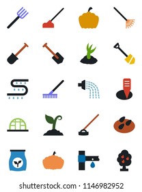 Color and black flat icon set - job vector, shovel, farm fork, rake, watering, sproute, hoe, plant label, pumpkin, greenhouse, seeds, fertilizer, drip irrigation, fruit tree