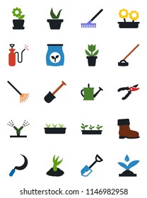 Color and black flat icon set - flower in pot vector, shovel, rake, seedling, watering can, sproute, pruner, boot, hoe, sickle, garden sprayer, fertilizer, irrigation