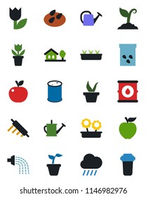 Color and black flat icon set - flower in pot vector, seedling, watering can, sproute, rain, seeds, tulip, oil barrel, house with tree, rolling pin, apple fruit, water filter