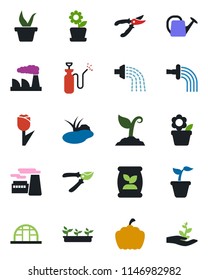 Color and black flat icon set - factory vector, flower in pot, seedling, watering can, sproute, pruner, pumpkin, greenhouse, pond, garden sprayer, fertilizer, tulip, palm