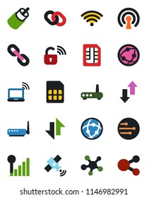 Color and black flat icon set - wireless notebook vector, satellite, network, share, chain, rca, sim, data exchange, cellular signal, lock, router, social media