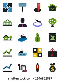 Color and black flat icon set - bomb in case vector, manager, contract, plant label, greenhouse, pond, fertilizer, application, point graph, house with tree, fruit, estate agent, eco, money bag