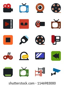 Color and black flat icon set - ticket office vector, film frame, reel, tv, gamepad, video camera, stop button, rewind, hdmi, record, web, intercome, surveillance