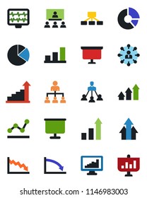 Color and black flat icon set - growth statistic vector, hierarchy, presentation board, circle chart, monitor pulse, statistics, bar graph, pie, point, arrow up, crisis