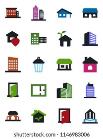 Color and black flat icon set - office building vector, house, garden light, hospital, store, with garage, plan, sweet home, city, cafe, eco, door