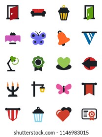 Color and black flat icon set - left arrow vector, pennant, butterfly, garden light, heart, bell, sertificate, desk lamp, cushioned furniture, restaurant table, candle, outdoor, door, pennon