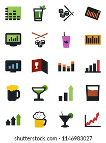 Color and black flat icon set - growth statistic vector, monitor, barcode, equalizer, statistics, bar graph, wine card, drink, cocktail, phyto, beer, sushi, arrow up