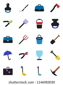 Color and black flat icon set - suitcase vector, umbrella, job, shovel, farm fork, bucket, pruner, axe, scalpel, fragile, case, stamp, ladle, hard work