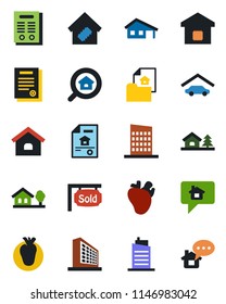 Color and black flat icon set - office building vector, real heart, contract, house, with garage, tree, estate document, sold signboard, search, smart home, city, message