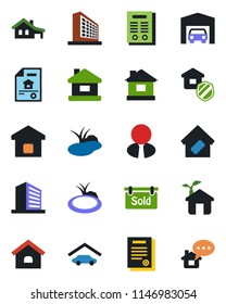 Color and black flat icon set - office building vector, house, pond, contract, with garage, estate document, sold signboard, agent, smart home, insurance, eco, message