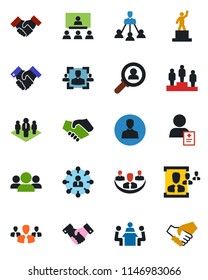 Color and black flat icon set - handshake vector, hierarchy, pedestal, patient, user, company, hr, meeting, consumer search, group