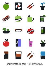 Color and black flat icon set - hot cup vector, seedling, diet, fridge, drink, phyto bar, salad, bacon, kebab, dog, apple fruit, fan