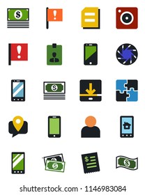 Color and black flat icon set - mobile phone vector, identity card, document, important flag, cash, tracking, cell, camera, user, download, application, restaurant receipt, home control app