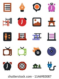 Color and black flat icon set - elevator vector, alarm clock, tv, abacus, stamp, fireplace, film frame, vinyl, flame disk, gallery, ink pen, house with tree, power plug