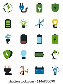 Color and black flat icon set - bulb vector, battery, low, protect, charge, desk lamp, windmill, power plug, energy saving, idea