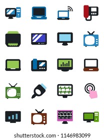 Color and black flat icon set - wireless notebook vector, pc, statistic monitor, pulse, tv, touch screen, laptop, hdmi, statistics, intercome