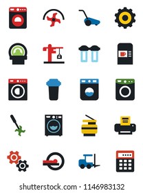 Color and black flat icon set - coffee machine vector, washer, fork loader, gear, ripper, lawn mower, tomography, printer, copier, crane, water filter, combination lock