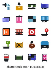 Color and black flat icon set - trash bin vector, checkroom, bucket, watering, railroad, truck trailer, cargo container, consolidated, package, oil barrel, heavy scales, archive box