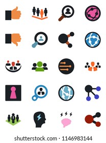 Color and black flat icon set - female vector, team, brainstorm, network, share, finger up, down, company, client search, consumer, group, social media