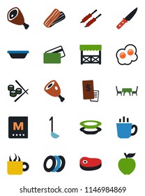 Color and black flat icon set - menu vector, coffee, plates, bacon, cafe table, alcove, credit card, restaurant receipt, steak, kebab, ham, ladle, bowl, knife, sushi, omelette, apple fruit