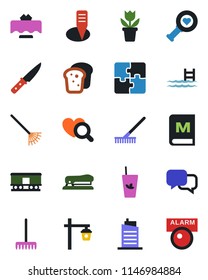 Color and black flat icon set - flower in pot vector, rake, plant label, garden light, heart diagnostic, railroad, dialog, application, stapler, pool, city house, restaurant table, menu, phyto bar