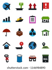 Color and black flat icon set - navigation vector, earth, important flag, store, plane, client, sea shipping, clipboard, umbrella, warehouse storage, up side sign, no hook, package, sorting, mailbox