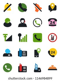 Color and black flat icon set - phone vector, no mobile, office, 24 hours, support, tracking, radio, call, mute, cellular signal, reception